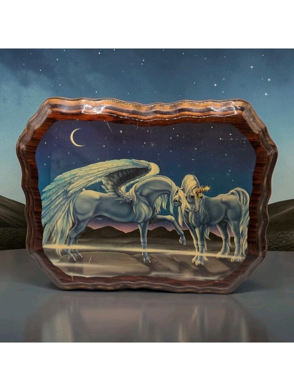 Vintage 1981 Sue Dawe Midnight Rendezvous Unicorn Pegasus Wood Lacquer Plaque